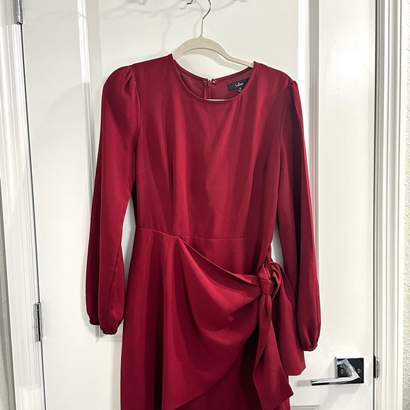 Lulu’s wine red skater dress with front tie wrap and long sleeves mid thigh - Picture 8 of 14